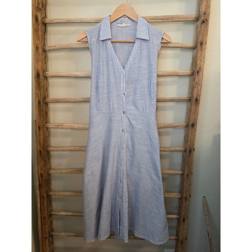 Parallel Skies Womens Blue White Striped Midi Shirt Dress Tie Back Cotton Large